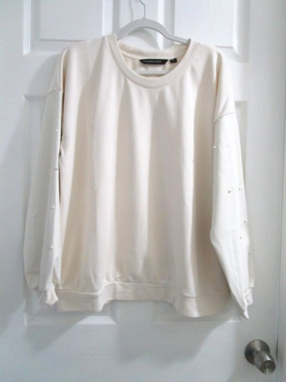 Colleen Lopez Women's Pullover with Faux Leather Sleeves Cream size XL